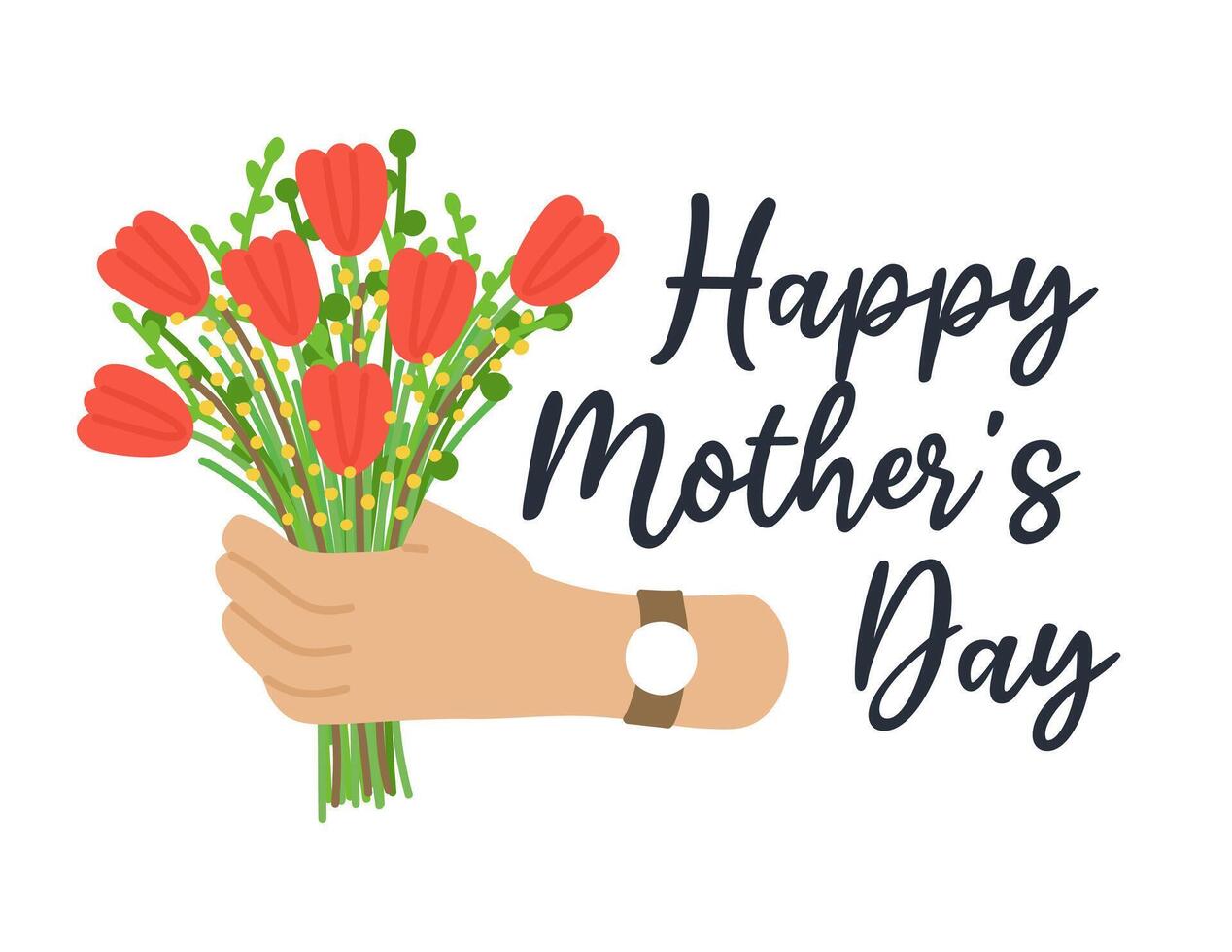 World Mother's Day Card with Bouquet of Flowers. Hand holding red tulips. Hand drawn flat cartoon element on white background. Vector illustration