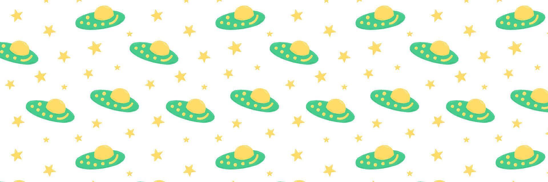 Baby cute seamless pattern with space elements on white background. Hand drawn flat cartoon style. Vector illustration