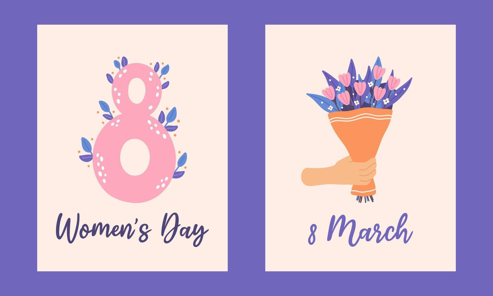 March 8 Postcard Set. World Women's Day. Pink number with twigs. Hand holding bouquet of tulips. Hand drawn flat cartoon elements. Vector illustration