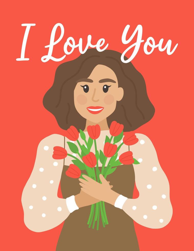 World Mother's Day Card with Girl and Bouquet. Smiling woman holding red tulips. Hand drawn flat cartoon element on isolated background. Vector illustration
