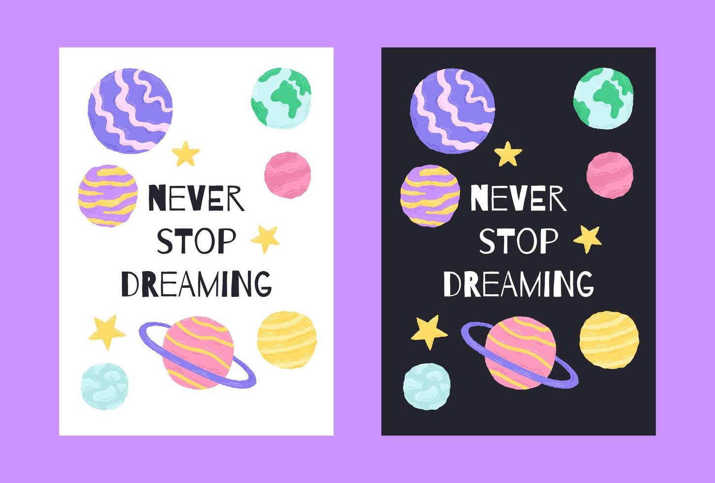 Space poster with cute planets in the cartoon hand drawn style with quote letternig. Vector illustration