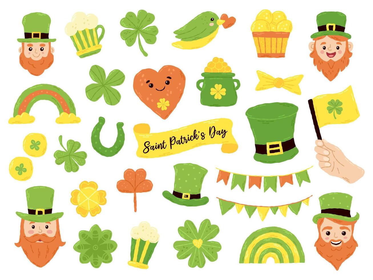 Festive set for St. Patrick's Day. clover, ireland, shamrock, beer, flag, leprechaun, gnome. Hand drawn flat cartoon elements. Vector illustration
