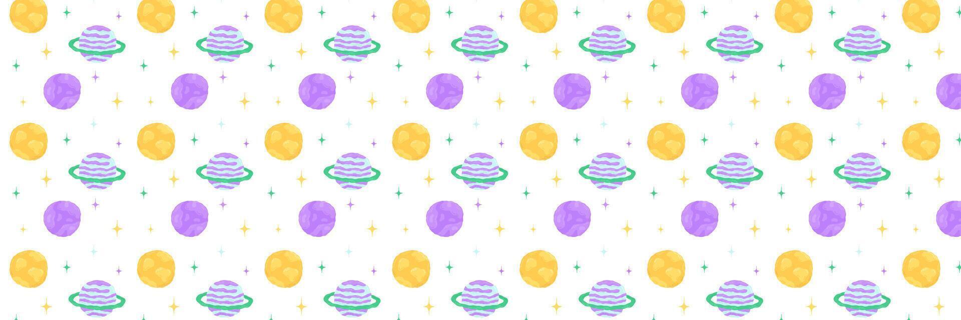 Baby cute seamless pattern with space elements on white background. Hand drawn flat cartoon style. Vector illustration