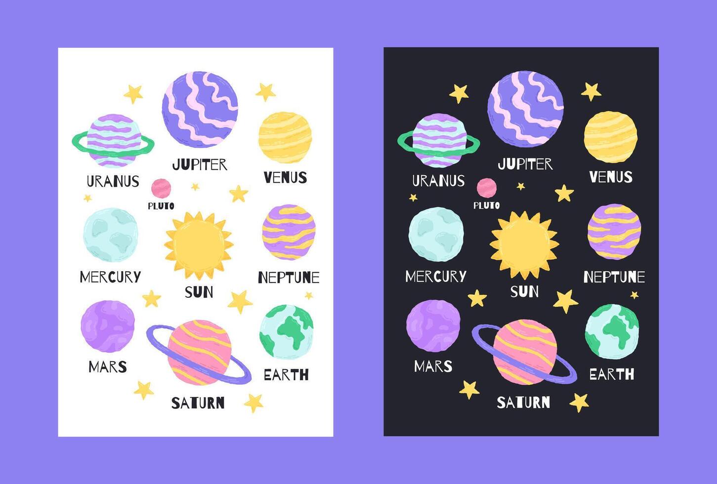 Space poster with cute planets in the cartoon hand drawn style. Vector illustration