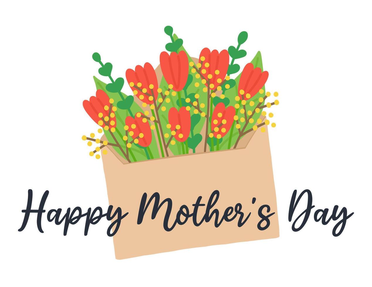 internacional de la madre día saludo tarjeta con rojo tulipán ramo de flores en beige sobre. mano dibujado plano dibujos animados elemento en blanco antecedentes. vector ilustración