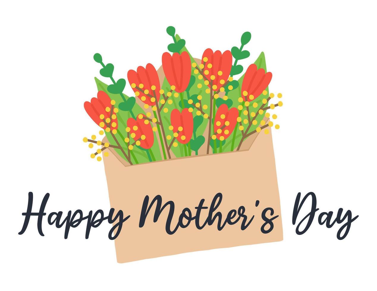 International Mother's Day Greeting Card with red tulip Bouquet in Beige Envelope. Hand drawn flat cartoon element on white background. Vector illustration