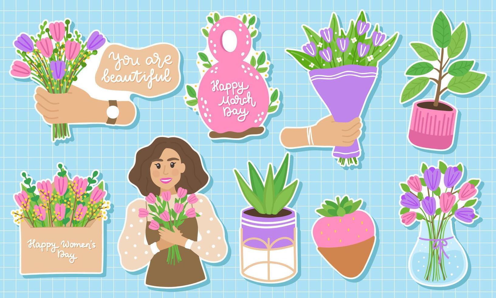 primavera pegatina paquete de elementos para marzo 8 ramo de flores de tulipanes, número, niña participación flores, sobre con floración, letras. mano dibujado plano dibujos animados elementos en blanco antecedentes. vector ilustración