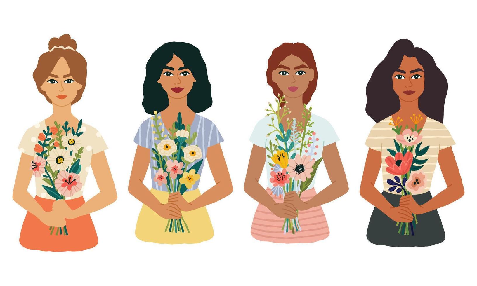 Spring set with girls with bouquets in hands. Women different nationalities holding flowers. Hand drawn flat cartoon elements. Vector illustration