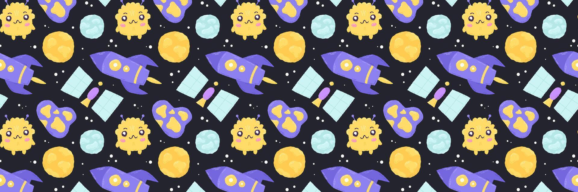 Baby cute seamless pattern with space elements on dark background. Hand drawn flat cartoon style. Vector illustration