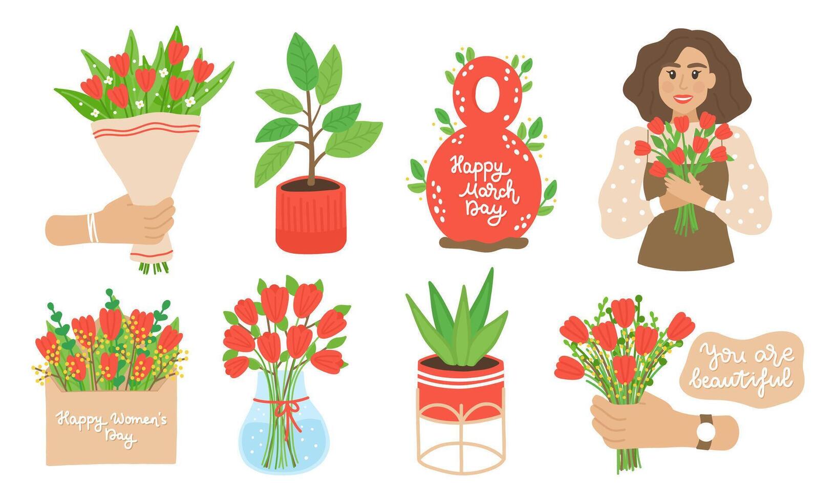 Spring set of elements for March 8 bouquet of tulips, number, girl holding flowers, envelope with bloom, lettering. Hand drawn flat cartoon elements on white background. Vector illustration