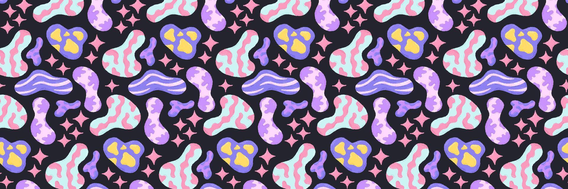 Baby cute seamless pattern with space elements on dark background. Hand drawn flat cartoon style. Vector illustration