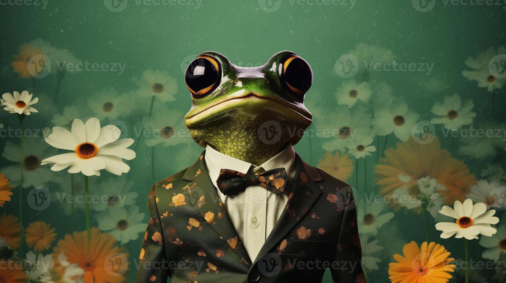 AI generated Stylish Frog on a daisy field background illustration. photo