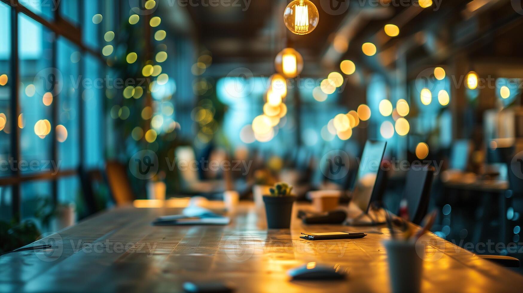 AI generated Office Interior with Reflective Glass Partitions, Contemporary Workspace Design, Blurred Concept of Corporate Business Environment photo