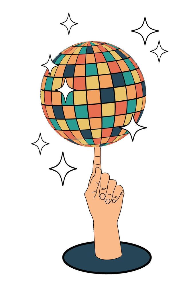 Disco ball on the finger of your hand. Groovy. Clockwork elements in a retro hippie 70's style. vector