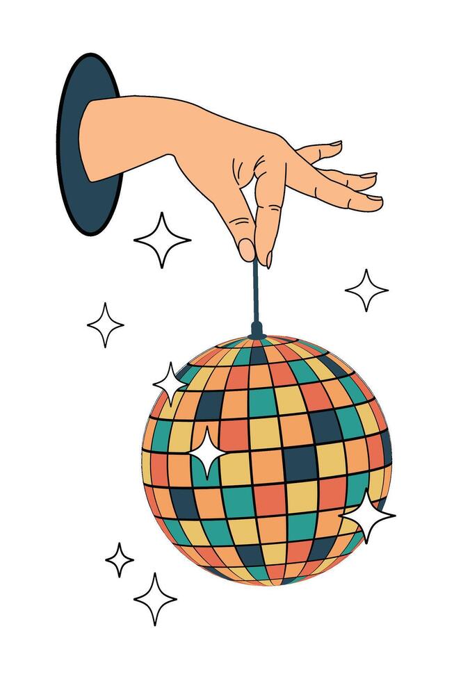 A disco ball in your hand. Groovy. Clockwork elements in a retro hippie 70's style. vector