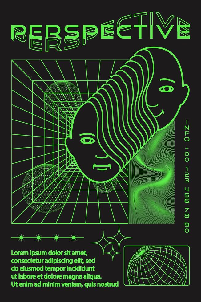 Geometric shapes frame with geometric elements in bright green color. Abstract background, template, cyberpunk elements in trendy psychedelic style. Retro futuristic aesthetic of 00s Y2k. vector