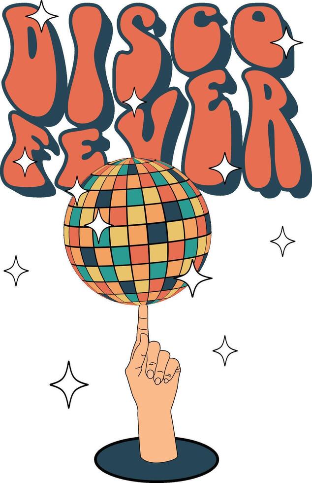 Disco fever. Disco ball on the finger of your hand. Groovy. Clockwork elements in a retro hippie 70's style. vector