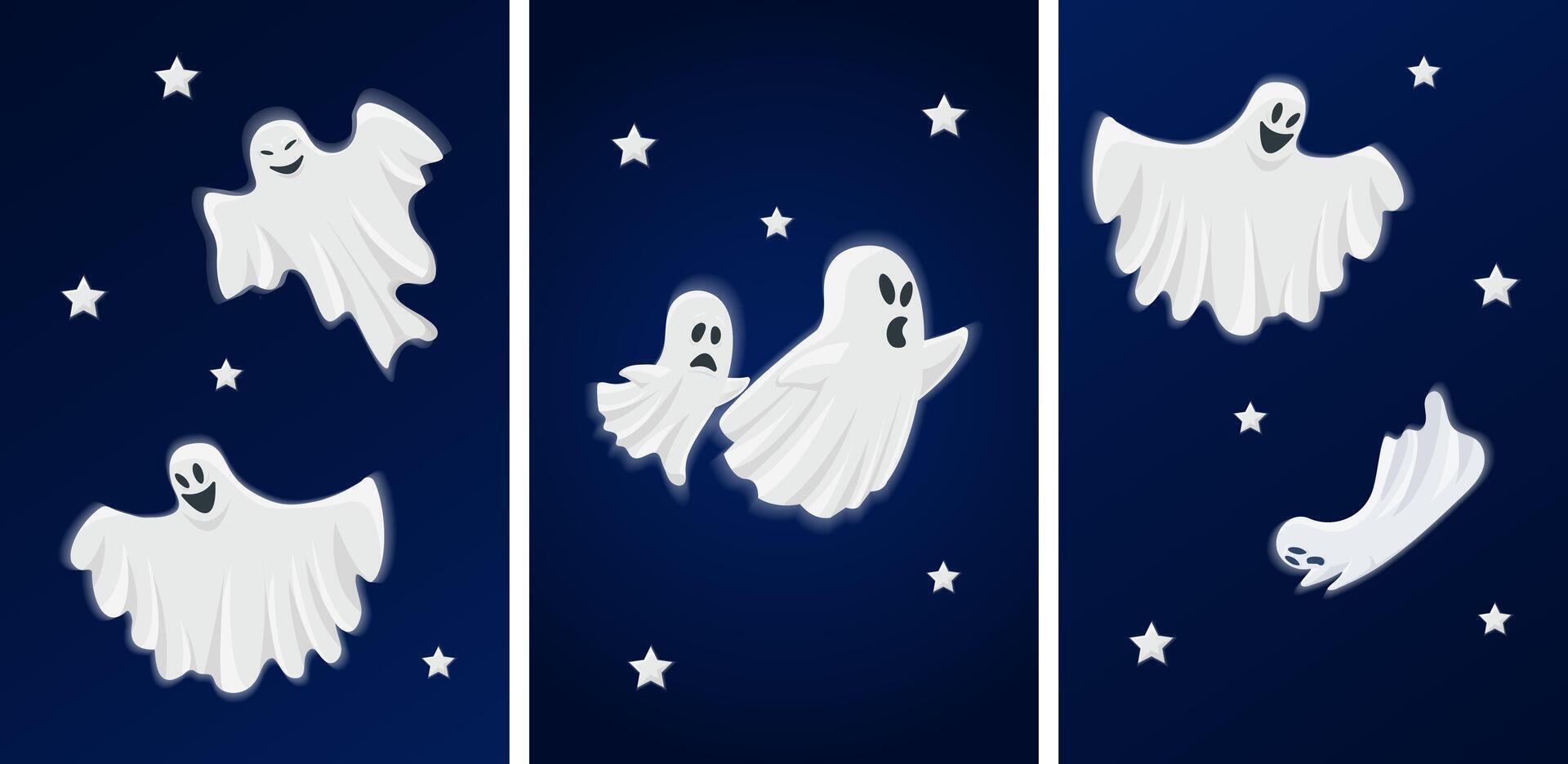 A set of cute haunted Halloween posters. Flat vector illustration on dark background.