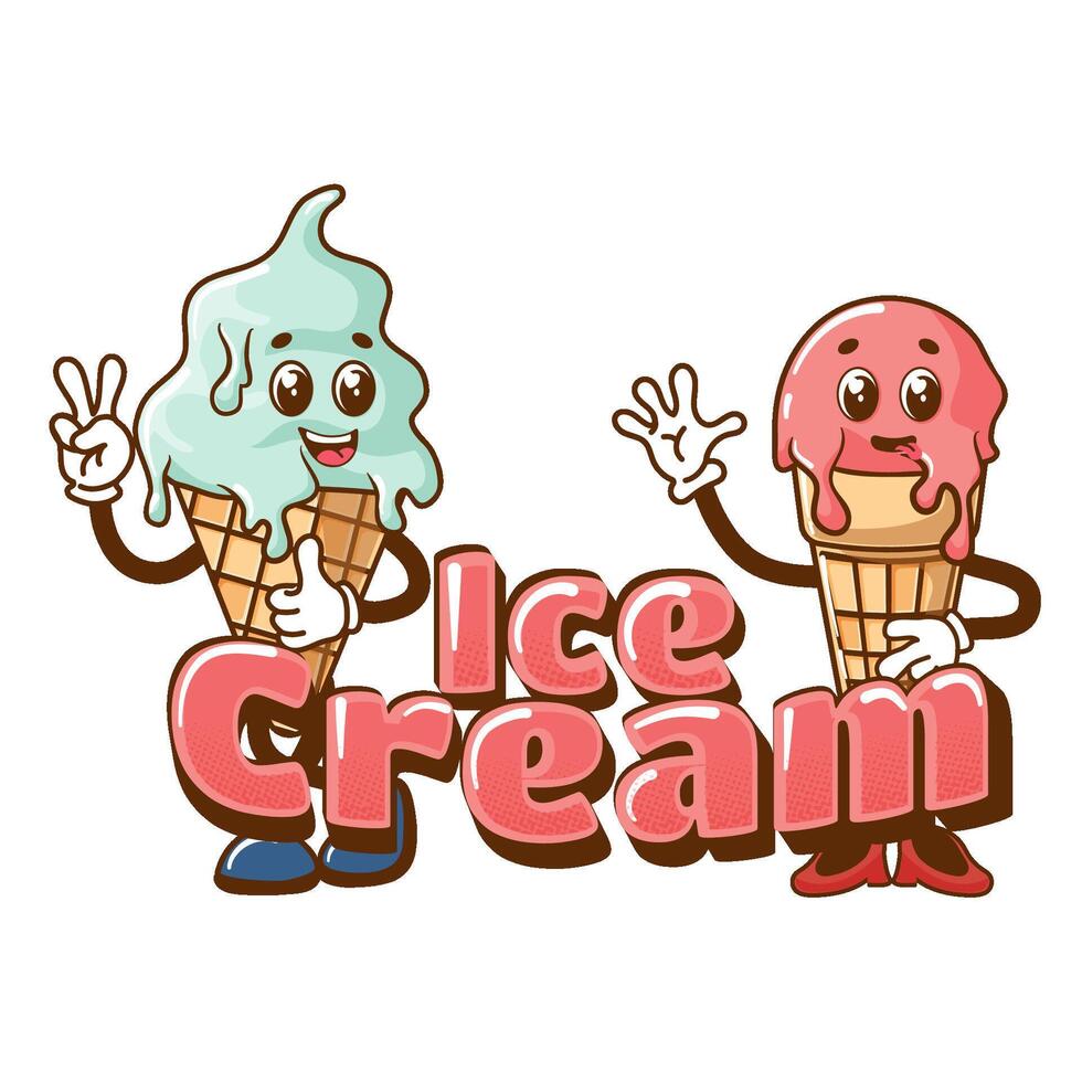 Two ice creams. Retro mascots in cartoon style.Fun retro style dessert mascot for cafes. vector