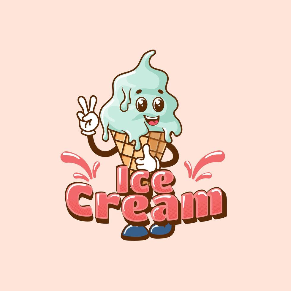 hielo crema y asperja. retro mascotas en dibujos animados estilo.divertido retro estilo postre mascota para cafetería. vector