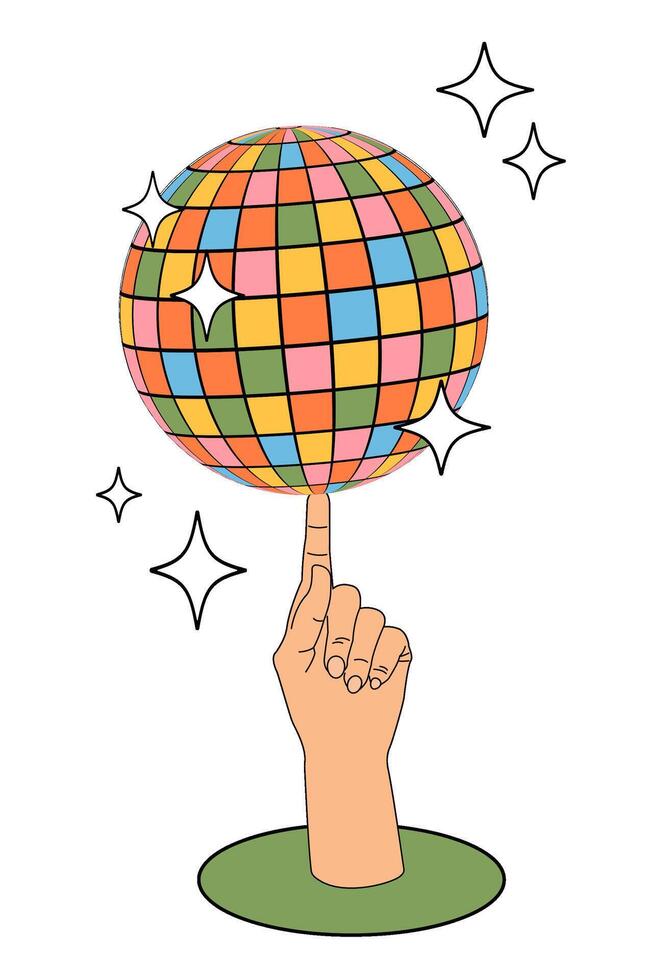 Disco ball on the finger of the hand. Groovy. Template for banner, invitation, menu. Clockwork elements in retro hippie style 70s. vector