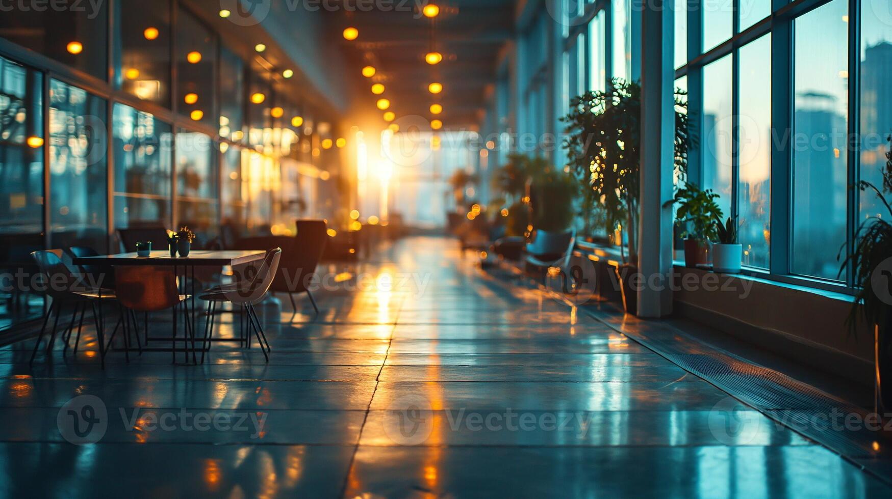 AI generated Office Interior with Reflective Glass Partitions, Contemporary Workspace Design, Blurred Concept of Corporate Business Environment photo