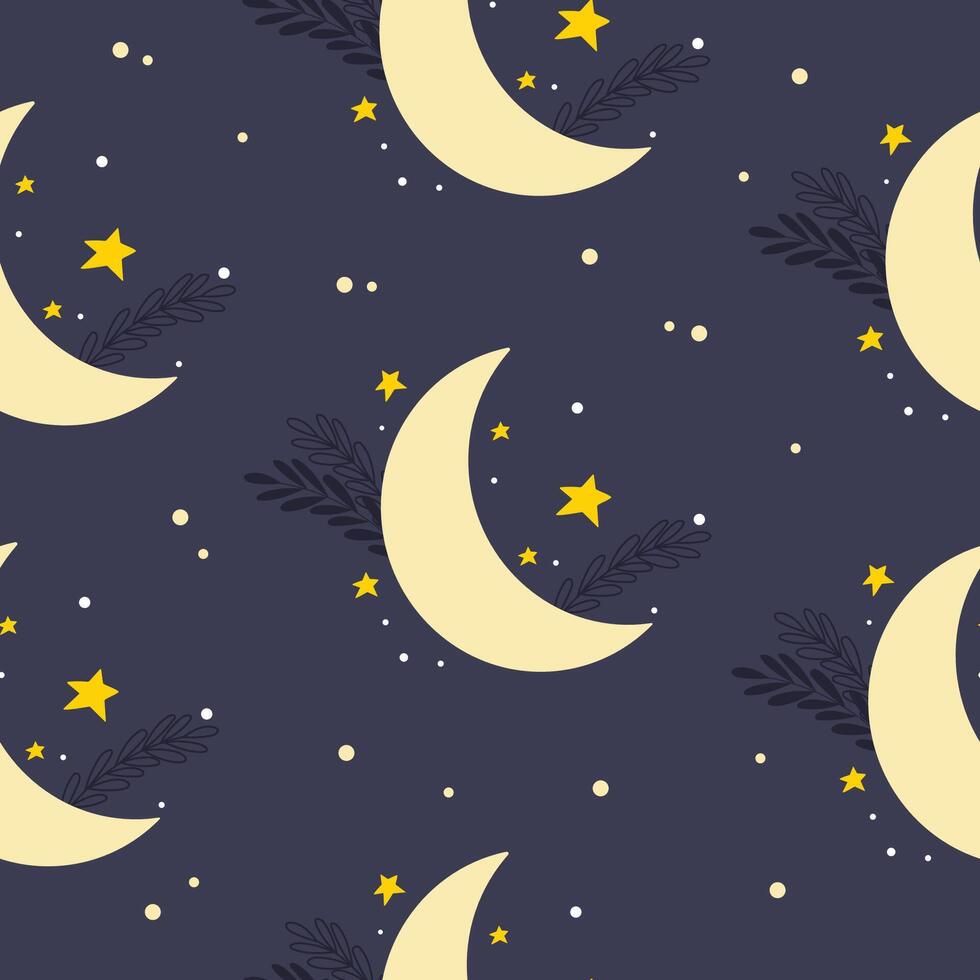 Seamless pattern with handdrawn moon, stars and leaves. Vector design in soft colors on dark background.