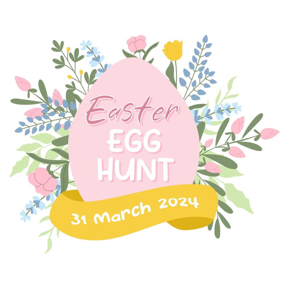 Easter egg hunt handdrawn banner with pink egg and colourful spring flowers. vector