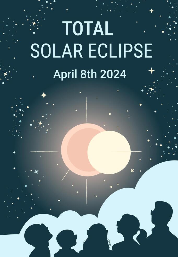 People in glasses watching solar eclipse on starry sky. Hand drawn vector banner or flyer design.