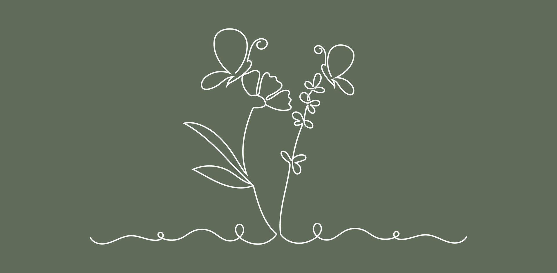 Handdrawn border with flowers and butterflies. Vector line art illustration.