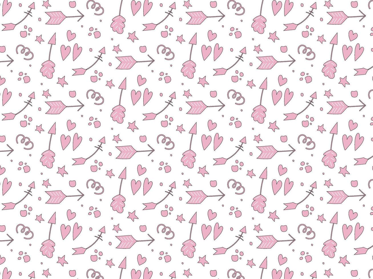 Cute doodle pattern with pink arrows, hearts and dots. vector