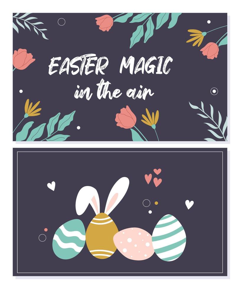 dibujado a mano pancartas para Pascua de Resurrección con primavera flores, huevos y conejito orejas. vector