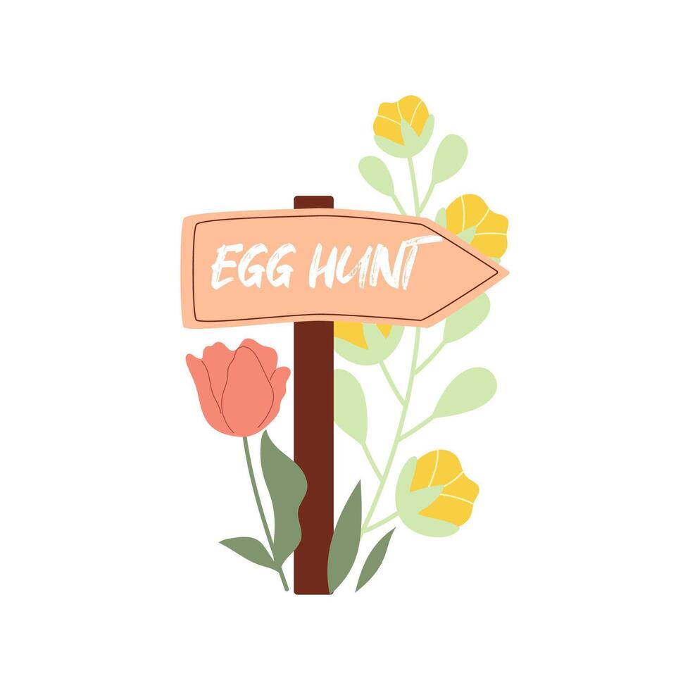 Hand drawn direction sign Egg Hunt with tulips and spring flowers. vector