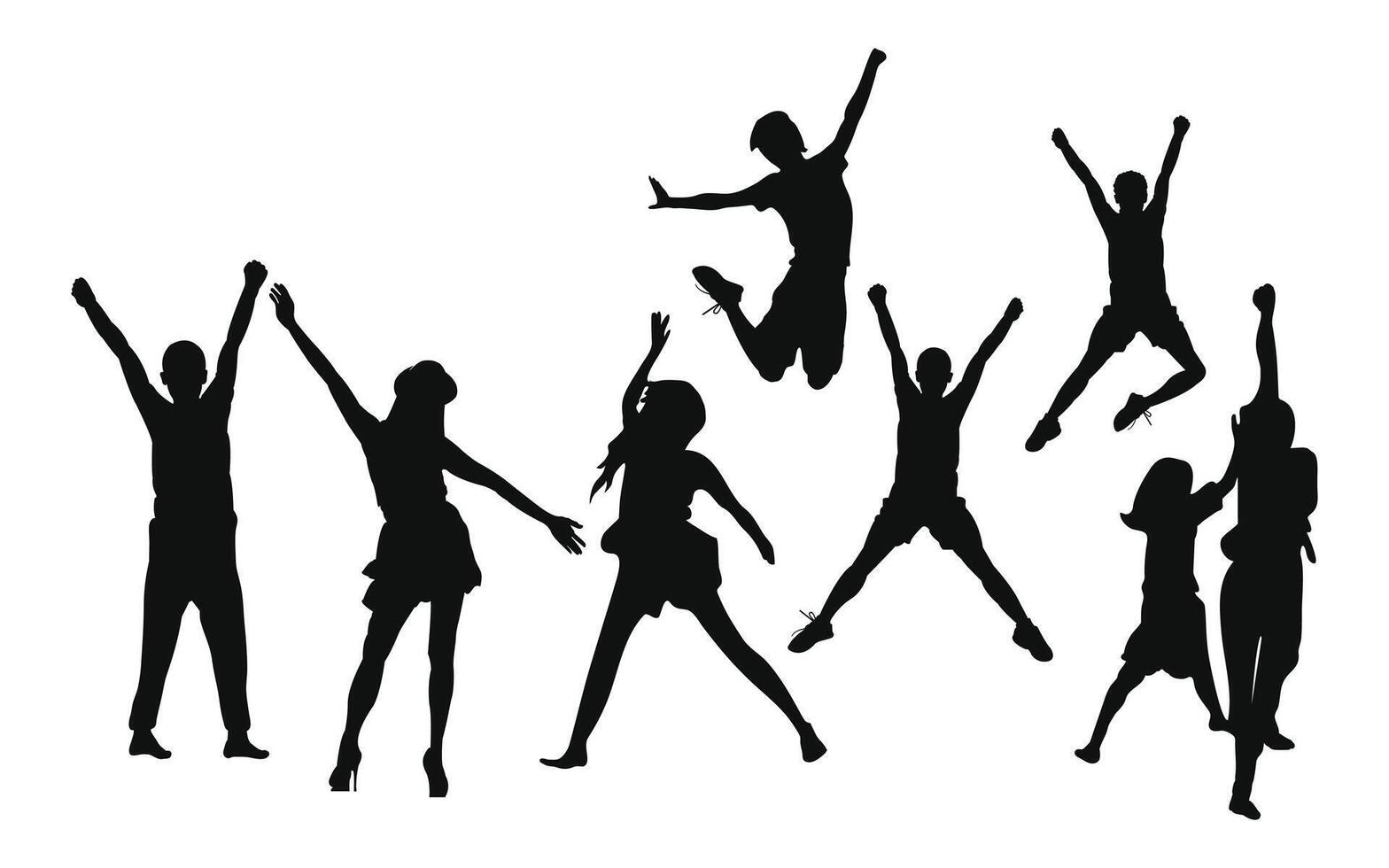 Silhouette collection of happy people jumping in various poses. vector