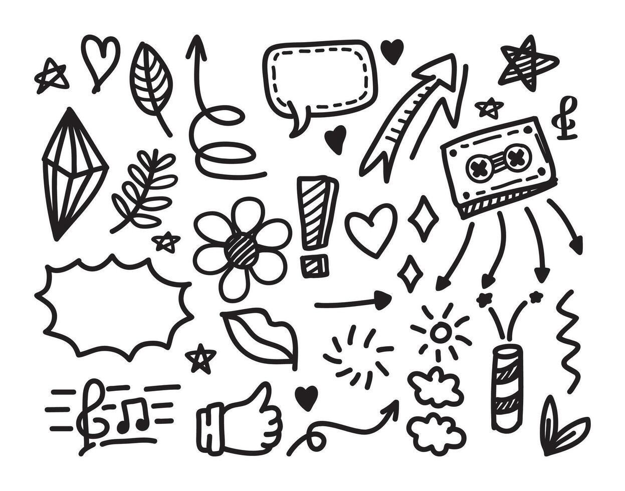 Hand-drawn elements, such as abstract arrows, ribbons, hearts, stars, crowns, and other design elements in a hand-drawn style for conceptual designs. Scribble vector illustration.