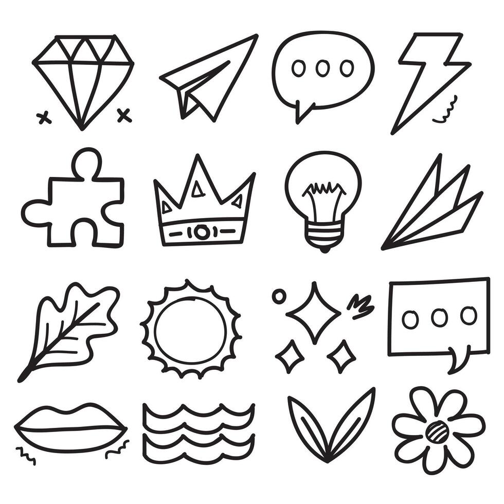 Hand-drawn elements, such as abstract arrows, diamond, sun, puzzle,bulb ,bubble chat, crowns, and other design elements in a hand-drawn style for conceptual designs. Scribble vector illustration.