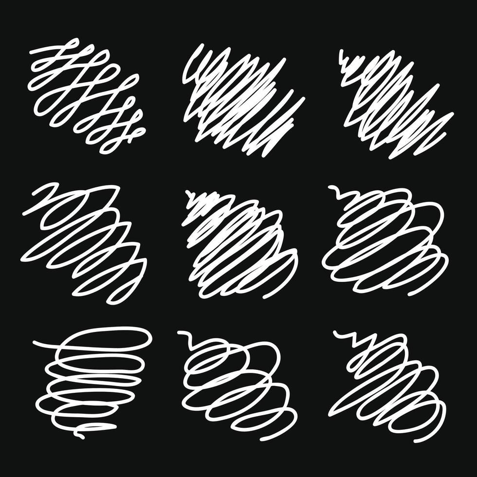 Vector abstract white sketch random scribbles on a black background