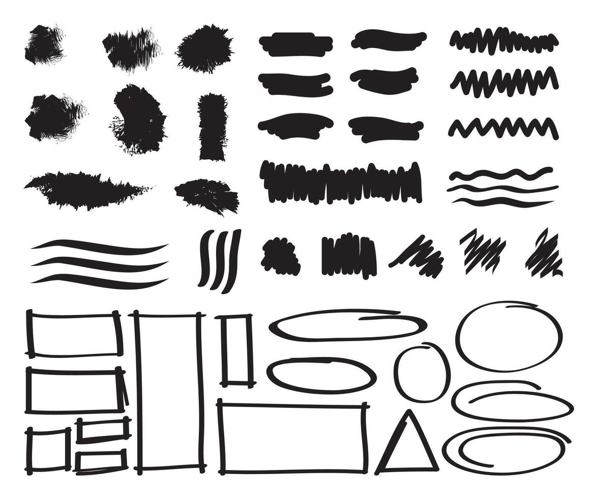 Brush element in lack on white background collection. Hand- drawn vector. vector