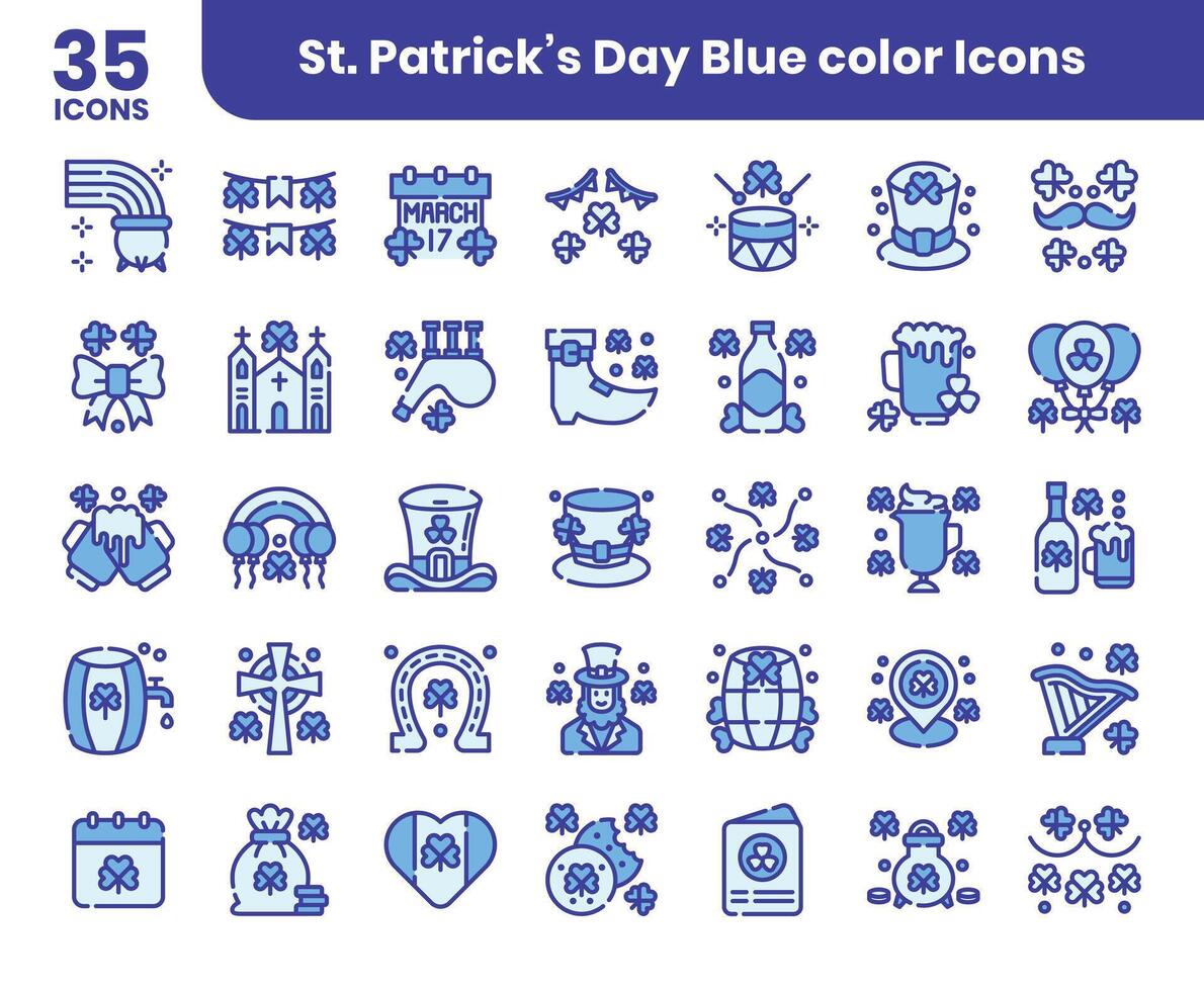 St Patrick's Day blue colored outline Icons Set vector