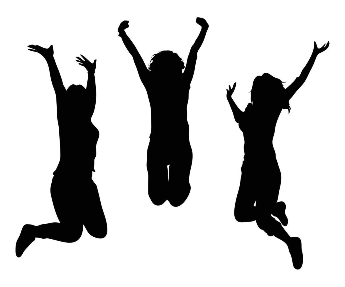 Silhouette of three women jumping. Silhouette people collection. vector
