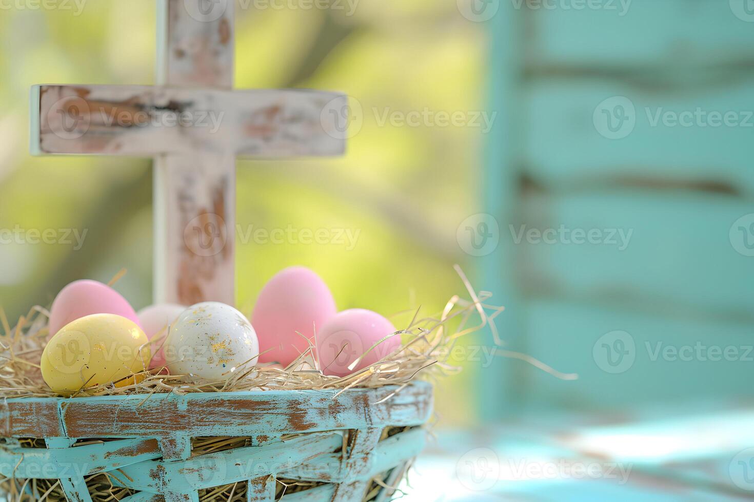 AI generated Happy Easter concept with Jesus Christ cross and spring flower Easter background photo