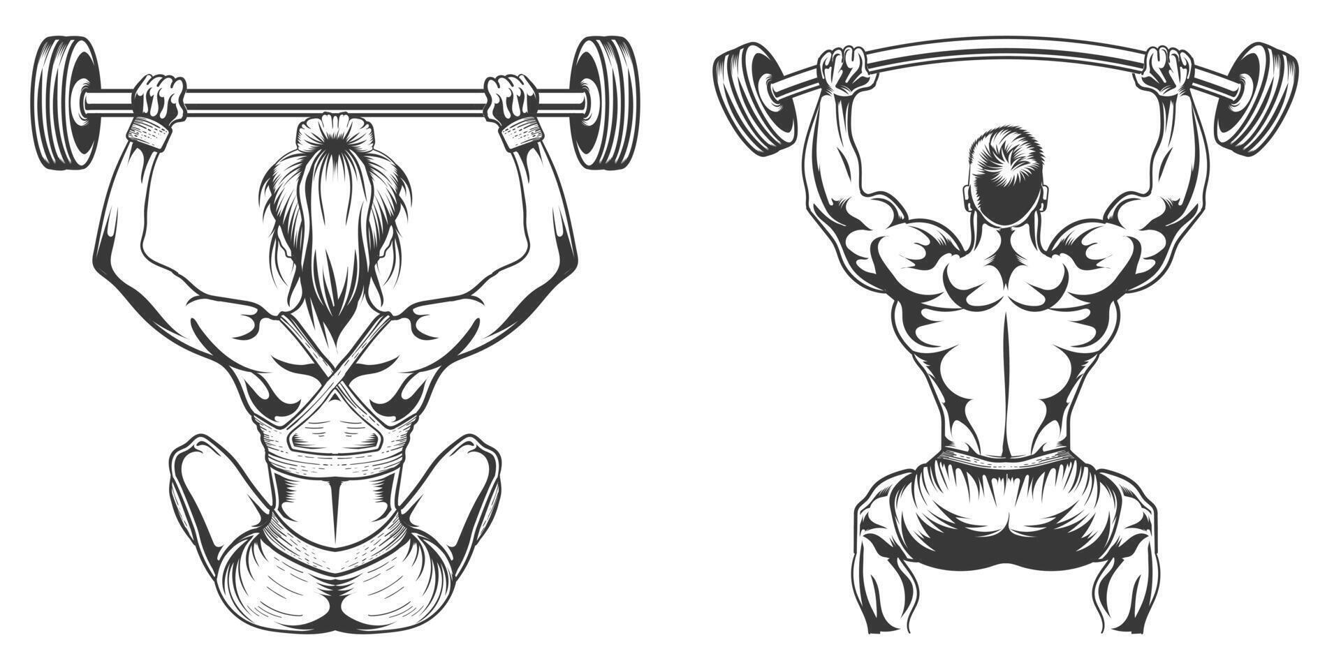 women and man gym with dumble up to hand vector set bundle design.