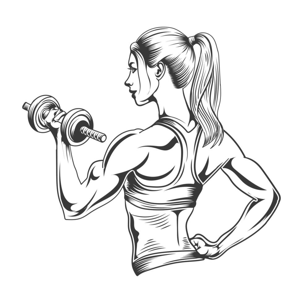 Beautiful fitness girl in gym with hand of dumble Vector