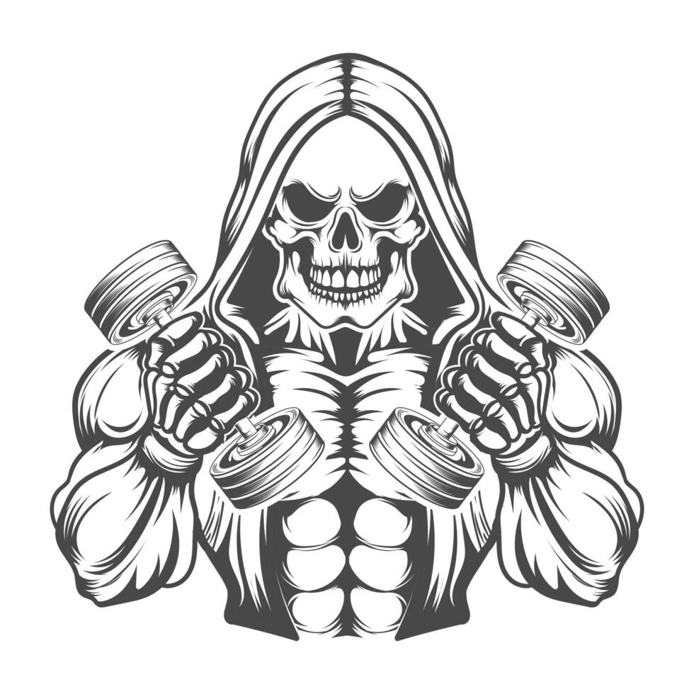 Bodybuilder fitness skull with dumble two hand vector design