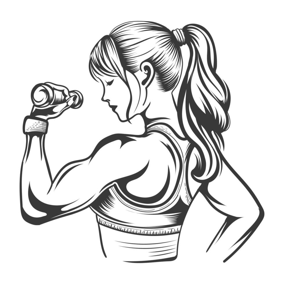 Young beautifull girl gym with dumble open hair vector design