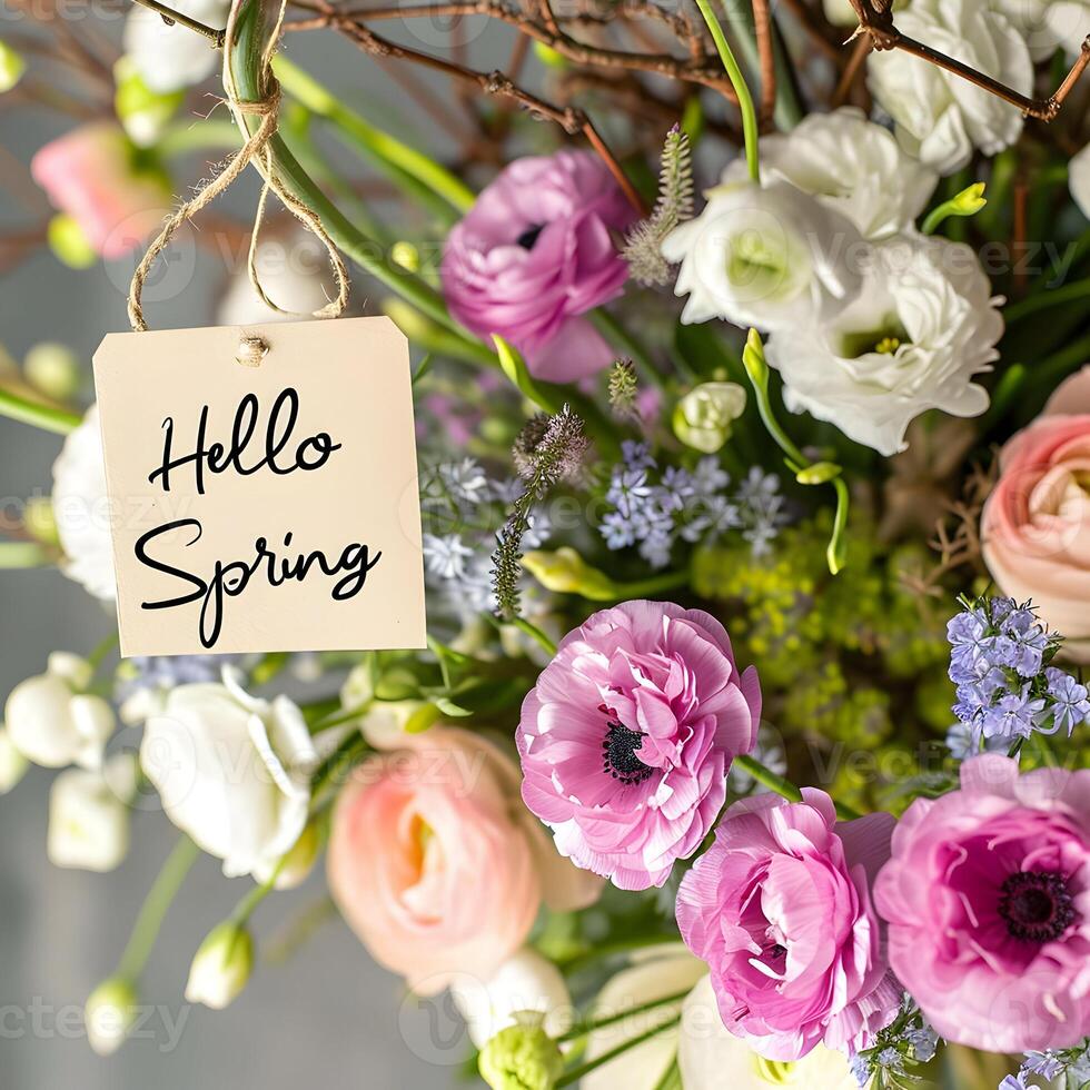 ai generado Hola primavera letras efecto contento primavera saludo foto