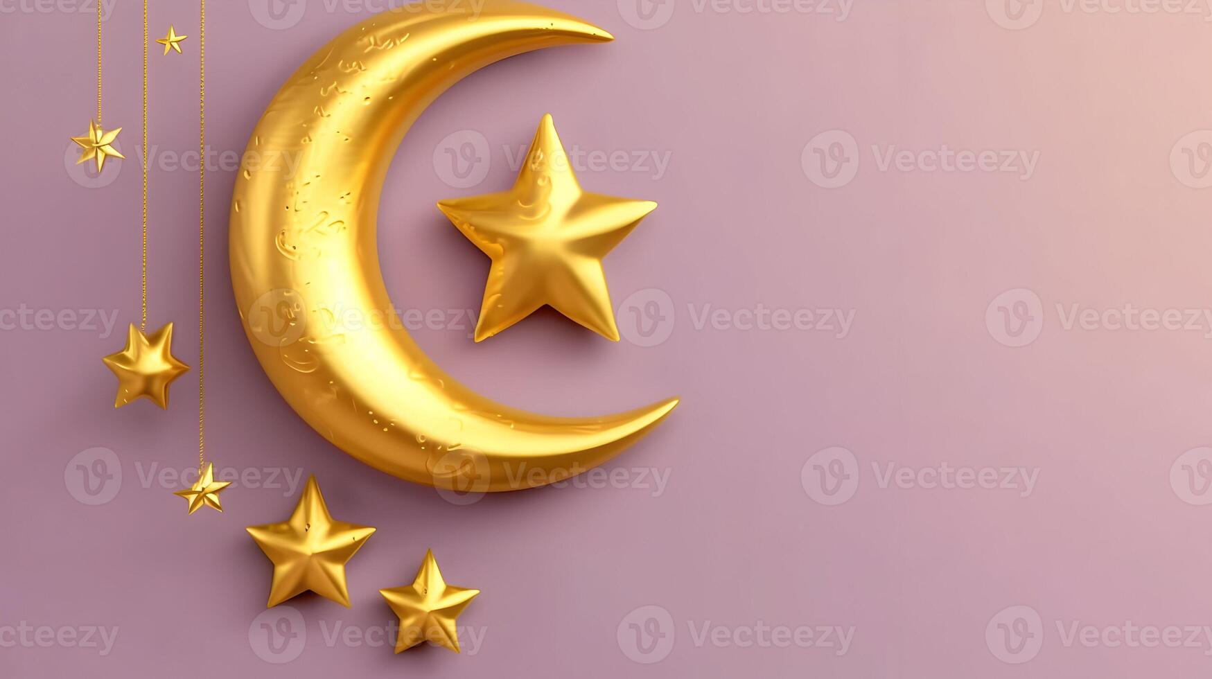 AI generated Holy month of Ramadan iftar dinner invitation with Ramadan 3d moon and Arabic Islamic Ornament photo