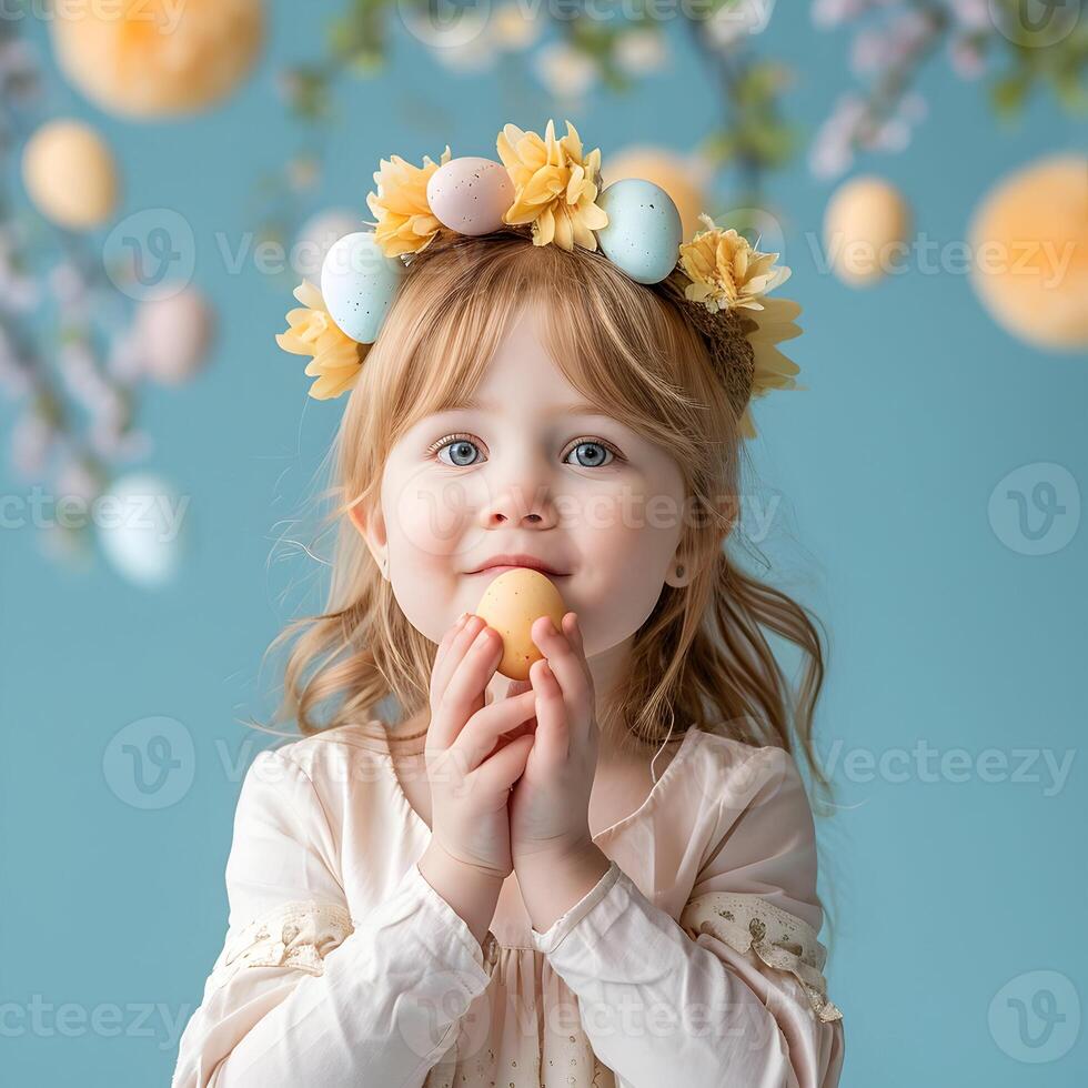 ai generado Pascua de Resurrección antecedentes sonriente niña con conejito orejas participación Pascua de Resurrección huevos foto