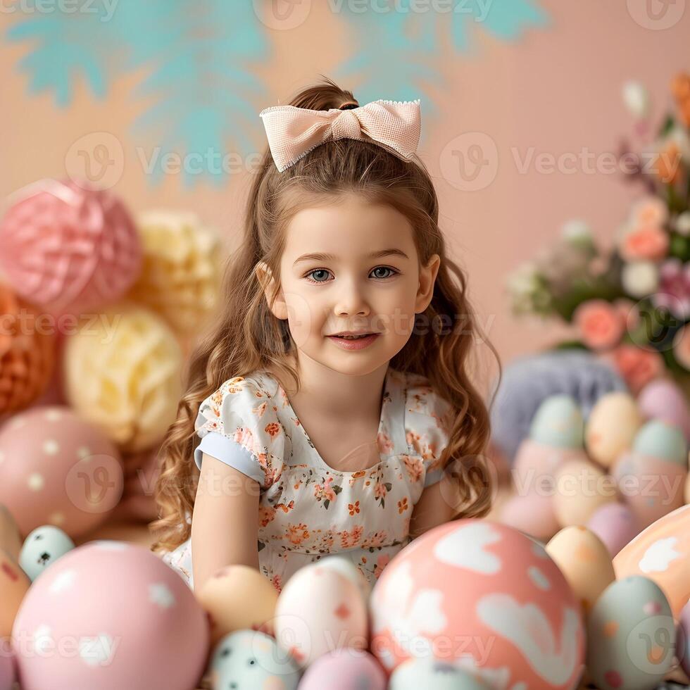 ai generado Pascua de Resurrección antecedentes sonriente niña con conejito orejas participación Pascua de Resurrección huevos foto