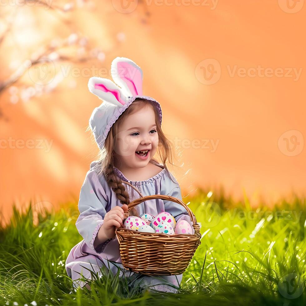 ai generado pequeño niña con Pascua de Resurrección conejito orejas posando participación un cesta con festivo Pascua de Resurrección huevos foto